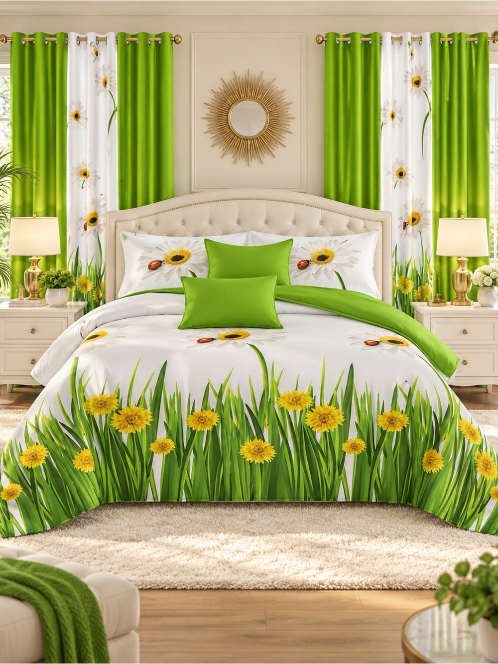 Floral Dandelion Green Bed sheets Set - Bright Green & White